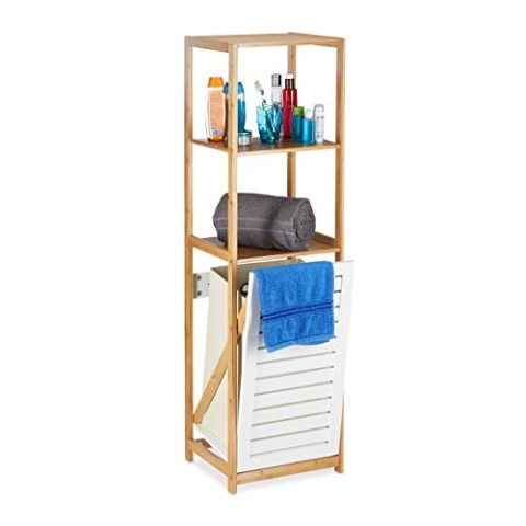 Relaxdays Badregal mit Wäschekorb, Badezimmer Regal Bambus, Standregal schmal, 3 Fächer, HxBxT: 130 x 37 x 33 cm, natur
