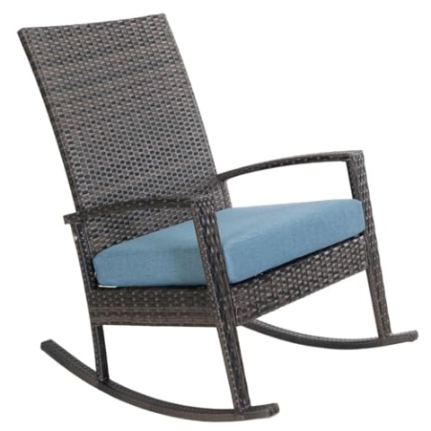 Ogarden Rocking Chair, Garten schaukelstuhl wetterfest, Poly Rattan Outdoor Schaukelstuhl, Schaukelsessel mit Kissen, für Garten, Terrasse, Balkon, Gartenstuhl (Hellbraun - Blau Kissen)