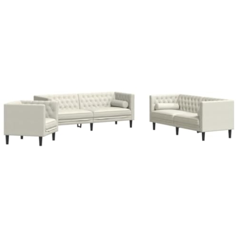 vidaXL Chesterfield Sofa Set mit Nackenrollen 3-TLG., Sofagarnitur mit Kissen, Sitzgruppe für Wohnzimmer, Polstersofa Couch Sessel, Creme Samt