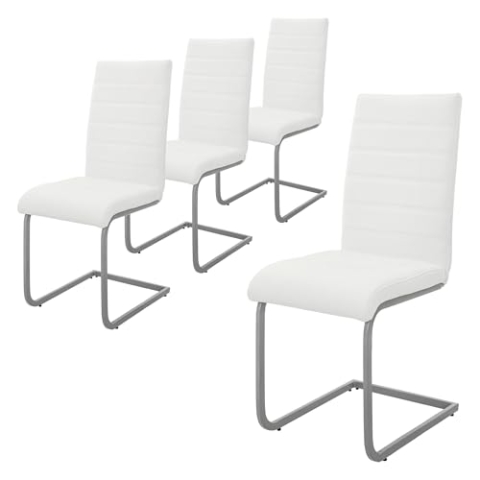ML-Design Esszimmerstühle 4er Set, Weiß, Schwingstuhl, Freischwinger Stuhl mit hoher Rückenlehne, Ergonomische Küchenstühle aus Kunstleder & Metall, Moderner Polsterstuhl für Esstisch & Wohnzimmer