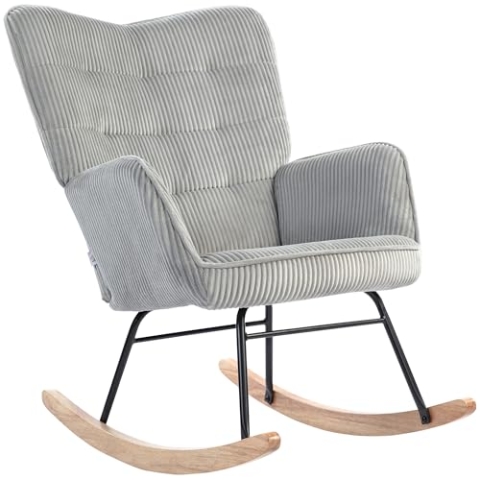 HOMCOM Schaukelstuhl, Schaukelsessel mit Kordoptik, Armlehne, Gepolsterter Sessel mit Holzkufen, Relaxsessel für Wohnzimmer, Schlafzimmer, bis 120kg belastbar, Hellgrau