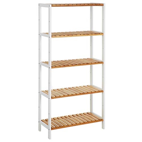 SONGMICS Badezimmer-Regal mit 5 Ebenen, Küchenständer aus Bambus, 9 verstellbare Höhen, multifunktionaler Ständer für Wohnzimmer, Flur, 60 x 26 x 130 cm, Weiß und Holzfarben BCB35WN