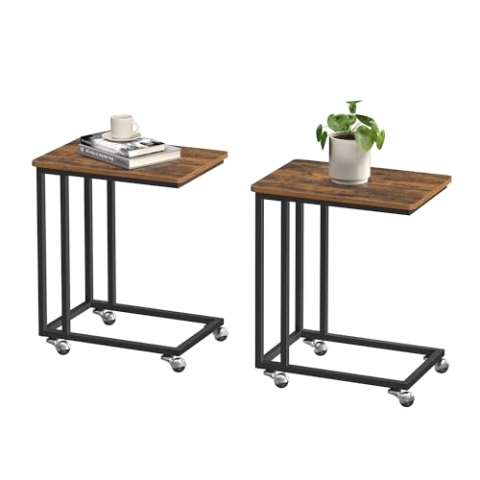 VASAGLE Beistelltisch 2er Set,Sofatisch mit Rollen, C-Form, mobiler Kaffeetisch, 35 x 50 x 60 cm, Wohnzimmertisch mit Metallgestell, für Laptop, Industrie-Design, vintagebraun-schwarz LCT644B01
