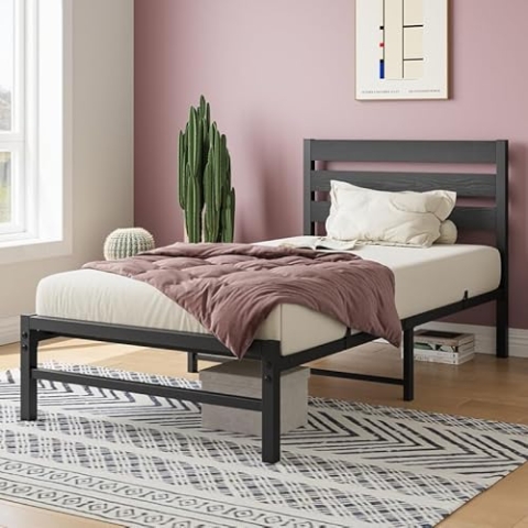 OKYION okwish Metallbett modernes 90 x 200 cm mit Lattenrost, Einzelbett, klassisches Bett, geeignet für Gästezimmerbett, Jugendzimmerbett (Schwarz,Ohne Matratze)