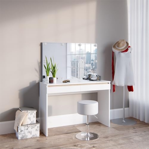 Vicco Schminktisch Emma, Kosmetiktisch mit Spiegel, Weiß, 120 cm mit LED Beleuchtung und Hocker