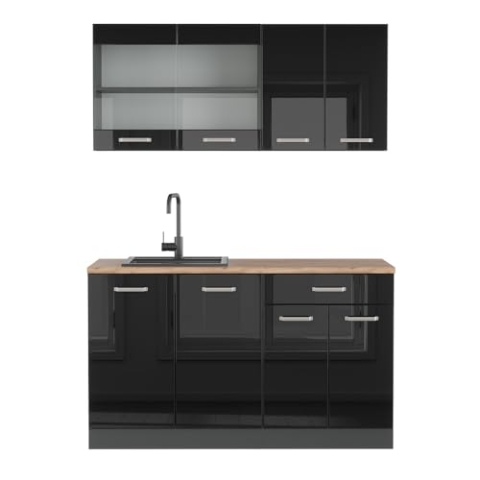Vicco Singleküche R-Line, Schwarz Hochglanz/Anthrazit, 140 cm ohne Arbeitsplatte