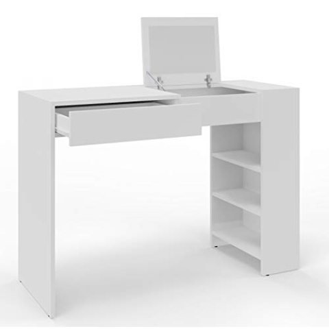 MATKAM Opera Maxi Schminktisch H 78 x B 114 x T 40 cm, mit ausklappbarem Spiegel H 21 x B 34 cm mit Ablage, 3 seitliche Ablagefächer, 1 Schublade, aus laminierter Holzspanplatte (Weiß)