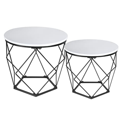 Ribelli 2er Set Beistelltisch, Wohnzimmertisch mit Korbfunktion, Couchtisch Rund, Korbtisch mit Abnehmbare Tischplatte, Metalltische für Wohnzimmer, Schlafzimmer, Büro, Weiß/Schwarz, 500733