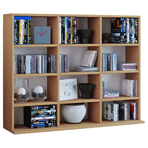 VCM Holzregal stehend | platzsparender CD-Schrank für 480 CDs oder 224 DVDs | Maße:H. 82 x B. 102 x T. 23 cm | Elegantes DVD Regal stehend | Blu-Ray Regal | CD Regal Megosa L Buche