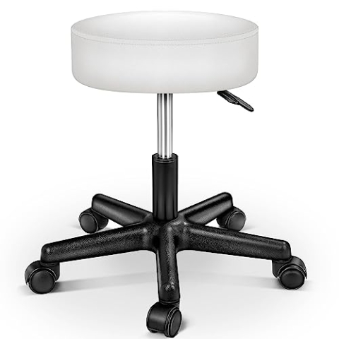 TRESKO Rollhocker höhenverstellbar Weiß | Drehhocker 10 cm Dicke Polsterung | Arbeitshocker 360° drehbar | Hocker