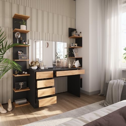 Vicco Schminktisch Sherry, Anthrazit/Goldkraft Eiche, 120 x 75 cm mit Spiegel
