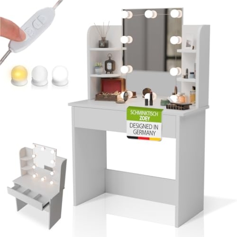 Juskys Schminktisch Zoey mit LED-Beleuchtung, großer Spiegel mit Rahmen, Schublade & Regal, viel Stauraum, pflegeleicht & modern — Weiß