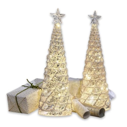 Loberon Deko-Baum 2er Set Glitter, mit Bauernsilber, inkl. warmweiße LEDs, Wohn-Accessoire,Weihnachtsbeleuchtung, Weihnachtsdekoration, Weihnachten, Glas, Silber/klar