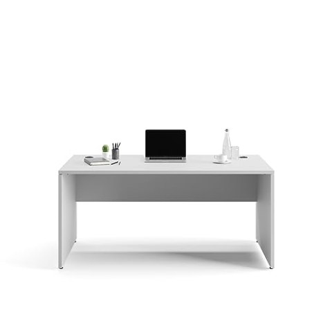 furni24 Schreibtisch fürs Arbeitszimmer und Home Office - Großer laminierter Computertisch aus Holz, 2 Kabeldurchlässe, Bodengleiter, 2-Personen-Arbeitsplatz (Grau, 160x80x75 cm)