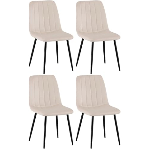 CLP 4er Set Stühle Dijon I Samt I Stoff I Mit Ziernähten I Mit Lehne, Farbe:Creme, Material:Samt