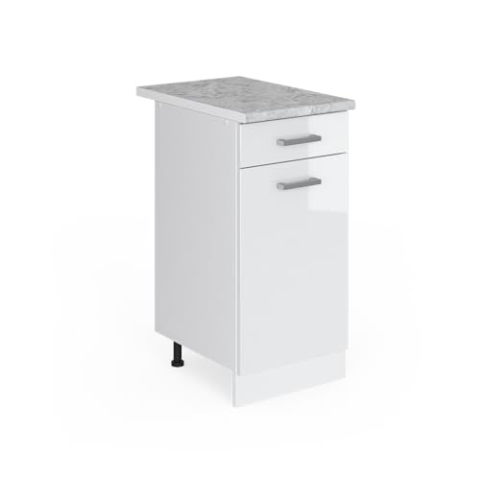 Vicco Küchenunterschrank R-Line, Schubladenschrank für die Küche, Weiß Hochglanz/Weiß, 40 cm, AP Marmor