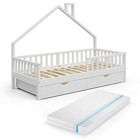 VitaliSpa Hausbett Noemi, Weiß, 90x200 cm mit 2 Schubladen und Matratze