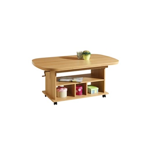 Hela Tische, Funktionscouchtisch Babsi, Holzwerkstoff melaminbeschichtet, Buche, höhenverstellbar 53-63cm, ausziehbar 107-157cm, auf Rollen
