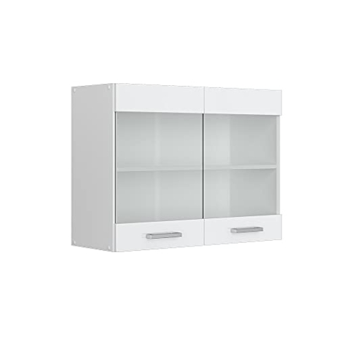Vicco Hängeschrank R-Line, Wandhängeschrank, Weiß Hochglanz/Weiß, 80 cm mit Glastüren