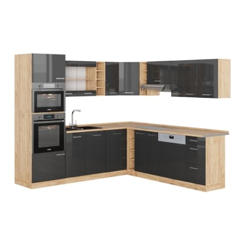 Vicco Eckküche R-Line, Anthrazit Hochglanz/Goldkraft Eiche, 237 x 247 cm ohne Arbeitsplatte