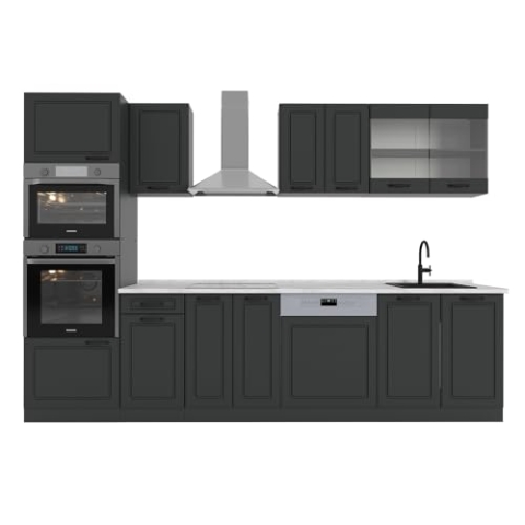 Vicco Küchenzeile R-Line, Anthrazit Landhaus/Anthrazit, 300 cm mit Hochschrank, AP Marmor