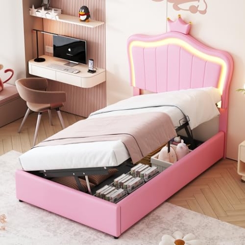 OKYION Kinderbett Polsterbett 90×200 cm mit LED-Licht, Jugendbett Einzelbett mit Verstellbares Kopfteil in Kronenform(Ohne Matratze), Boxspringbett Hydraulisches mit Bettkasten Stauraum, PU Rosa