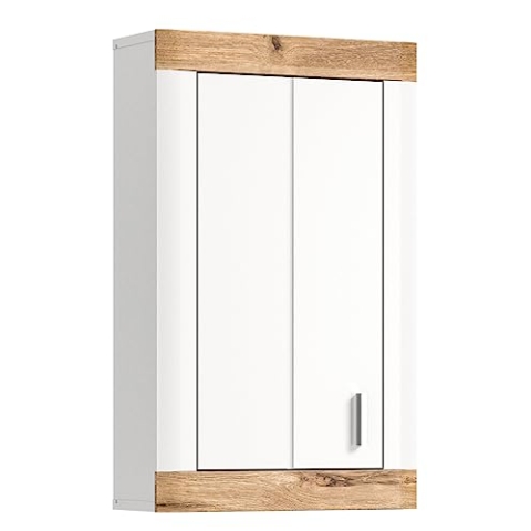 xonox.home Badezimmer Laredo Hängeschrank Schrank Badezimmerschrank hängend Wandschrank Hängeschrank Bad in Front weiß matt Korpus weiß Melamin Abs. Nox Oak Nb., ca.45x76x20cm