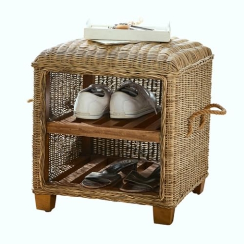 Loberon Hocker Merveillette, Sitz und Schuhablage in Einem, Feine Flechtstruktur, mit Seitlichen Jutegriffen, Flur-Zubehör, Rattan, Mahagoniholz, braun