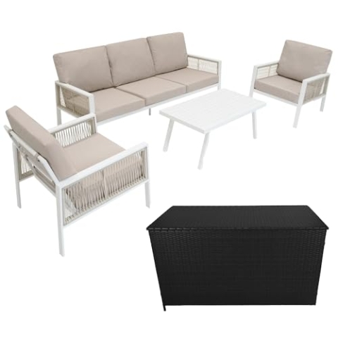 Gartenmöbel Set 4-teilig Weiß mit Rattan Aufbewahrungsbox Schwarz – 3-Sitzer Sofa, 2 Armlehnsessel, Couchtisch, Kissen, 582L Gasdruckdeckel, Tragbar, Wasserdichte Regenabdeckung & Tragetasche