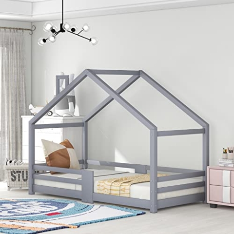 OKYION Kinderbett Hausbett mit Schornstein, 90×200 cm, aus Kiefernholz, Grau, ohne Matratze – Stabil, Sicher & Spaß im Kinderzimmer