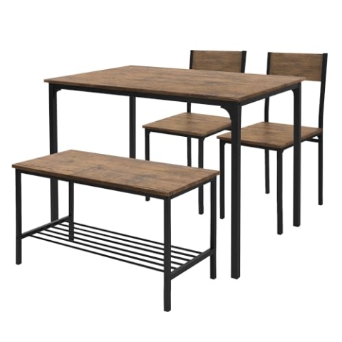 ML-Design Esstisch Set 4-teilig, Eiche-Rustikal, Esszimmertisch mit 2 Stühlen 1 Bank, Essgruppe für 4 Personen, Sitzgruppe Küchentisch Metallrahmen, Bartisch Set, Esszimmergruppe für Küche & Esszimmer