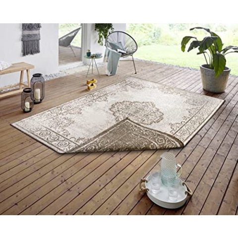 NORTHRUGS In- und Outdoor Teppich Cebu 200x290 - Wendeteppich Wetterfest Orientalisches Vintage Design Teppich für Balkon Terrasse Garten Wintergarten Wohnzimmerteppich Wasserfest in Linen