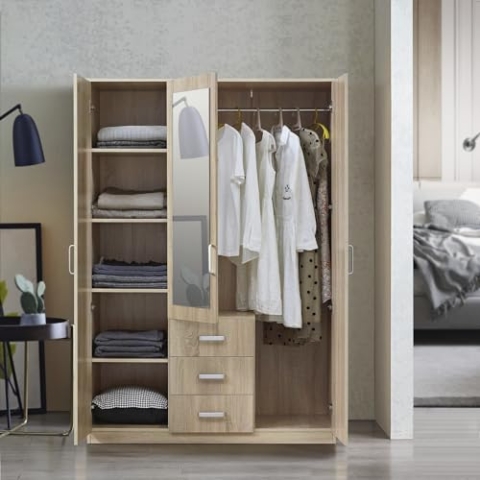 [en.casa] Kleiderschrank Bodolz 3-türig 176 x 120 x 52 cm MDF Garderobenschrank mit 1 Kleiderstange, 1 Spiegel, 5 Fächern und 3 Schubladen Sonoma-Eiche