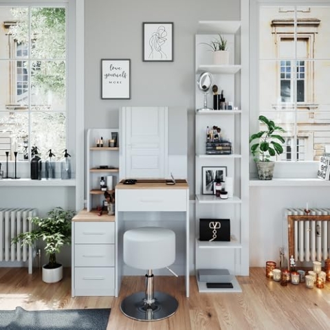 Vicco Schminktisch Conrada, Kosmetiktisch mit Spiegel, Weiß/Sonoma/Sonoma, 80 cm mit Hocker