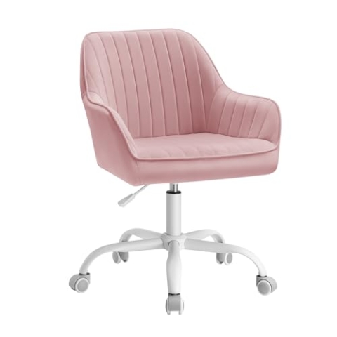 SONGMICS Bürostuhl, Drehstuhl mit Samtbezug, Schaumstoffpolsterung, höhenverstellbar, für Arbeitszimmer, Bar, pastellrosa OBG012R01