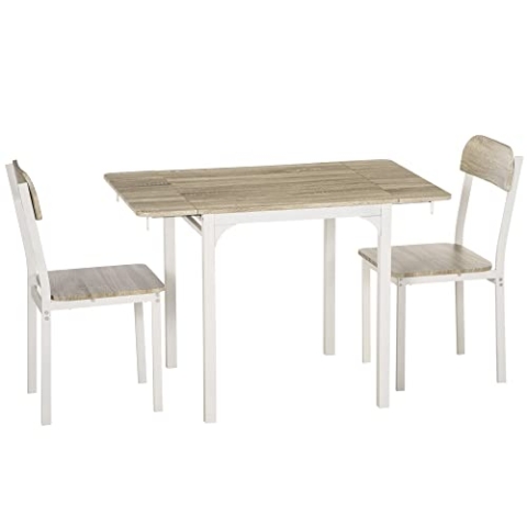 HOMCOM 3 TLG Esszimmergruppe Essgruppe mit 2 Stühlen und 1 Tisch Esstisch Set mit Klappbarer Tischplatte für Küche kleine Raume Stahl MDF Natur+Weiß 110 x 70 x 75 cm