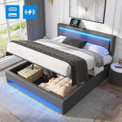 OKYION Polsterbett,160 x 200, Jugendbett,Doppelbett mit USB-Anschluss& LED-Beleuchtung und Stauraum, mit Matratze, Grau