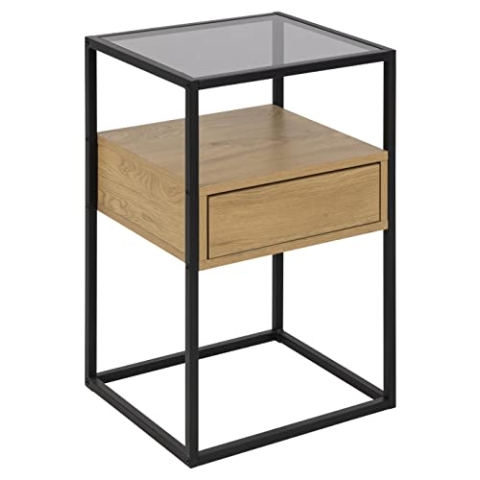 AC Design Furniture Radek quadratischer Nachttisch mit einer Schublade, zwei Ablagen, Glasplatte und Holzschublade, schwarzer Metallrahmen mit leicht zugänglicher Schublade, vielseitiger Nachttisch, H: 60 x B: 40 x T: 35 cm