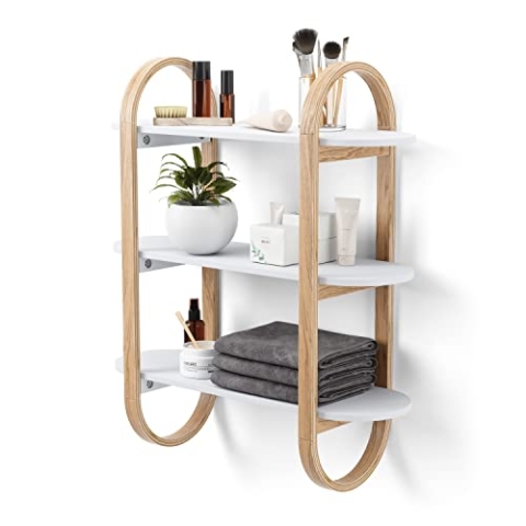 Umbra Bellwood Wandregal, Modernes Hängeregal mit 3 Ablagen aus Bugholz, Weiss/Natur