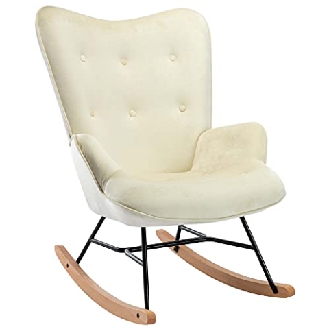 CLP Schaukelstuhl Sanka I Schaukelsessel Mit Samtbezug Und Metallgestell I Relaxsessel Mit Holzkufen, Farbe:Creme