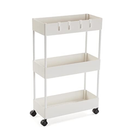 Versa Skuvoy Badezimmer-Hilfsmöbel, Aufbewahrungswagen oder -Karren, mit 3 Einlegeböden und Laufrollen, Maßnahmen (H x L x B) 63,5 x 18 x 40 cm, ABS und Kunststoff, Farbe: Weiß