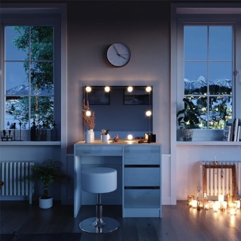 Vicco Schminktisch Sherry, Weiß Hochglanz, 90 cm mit LED Beleuchtung und Hocker