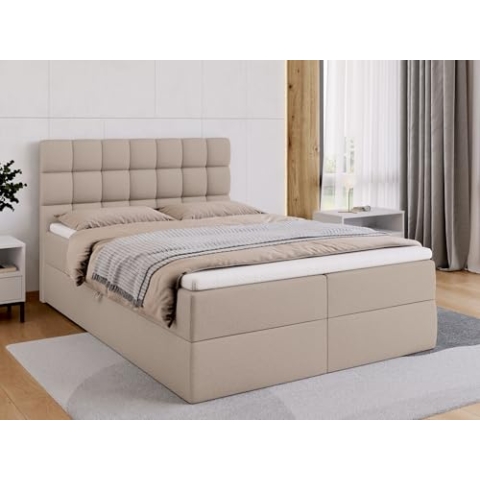 BROMARKT Boxspringbett mit Bettkasten Polsterbett mit Bonell-Matratze und Topper Bett für Schlafzimmer gepolstertes Kopfteil Dakota bonellfedern 140x200 Härtegrad H3 Beige
