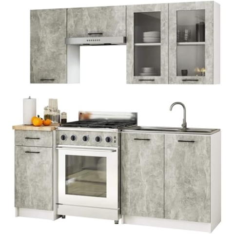 AKORD Küchenmöbel-Set OLIWIA 1.8m H720 Modulares 180 cm 7 Türen 1 Schublade 8 Regalböde, Küche Komplett, Kitchen Cabinet Set, Küchenschränke, Standschränke, B180xH203xT46 cm, Beton & Beton