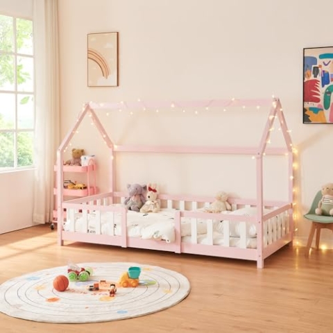 [en.casa] Kinderbett Sisimiut Hausbett 90 x 200 cm mit Rausfallschutz Holzbett für Kinder Bodenbett Lattenrost Kiefernholz Rosa/Weiß