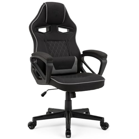 SENSE7 Gaming Stuhl Knight, Ergonomischer Gaming Sessel Mir verstellbaren Lendenkissen, Gaming Chair mit Wippfunktion, Gepolsterte Armlehnen, Stoff Bürostuhl bis 120kg, PC Stuhl Schwarz-Grau
