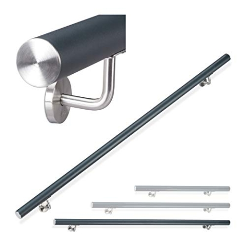 Relaxdays, anthrazit Handlauf Aluminium, rund, Treppengeländer innen & außen, matt, 200 cm, Ø 42mm, mit Wandhalterung, Edelstahl, 2000 mm, 10026021_633