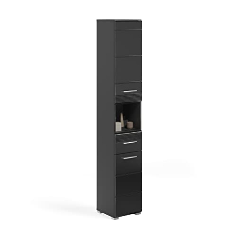 xonox.home Badezimmer Linus Hochschrank Schrank Kommode hoch Badschrank hochschrank Bad Hochschrank schmaler Schrank in schwarz Hochglanz, ca.30x182x31 cm