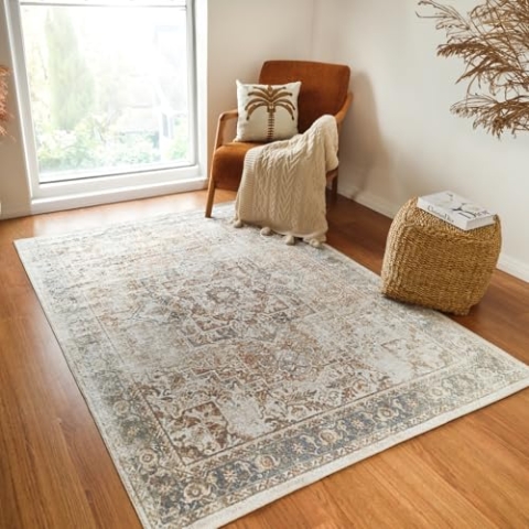 Livabliss Bridgetown Teppich waschbar in der Waschmaschine - Vintage Teppich waschbar für Wohnzimmer 160x213 cm, Schlafzimmer, Küche - Orientalischer Boho Style Teppiche, Teppich Groß in Braun, Creme