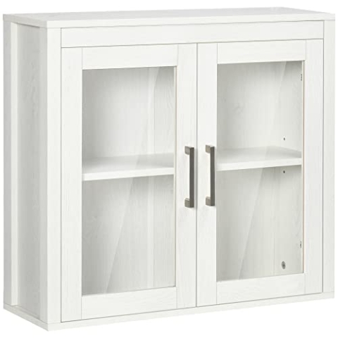 kleankin Badezimmerschrank Wandschrank mit 2 Glastüren Badschrank Mehrzweckschrank mit verstellbaren Regalebenen Aufbewahrungsschrank Spanplatte Weiß 60 x 19,5 x 54 cm